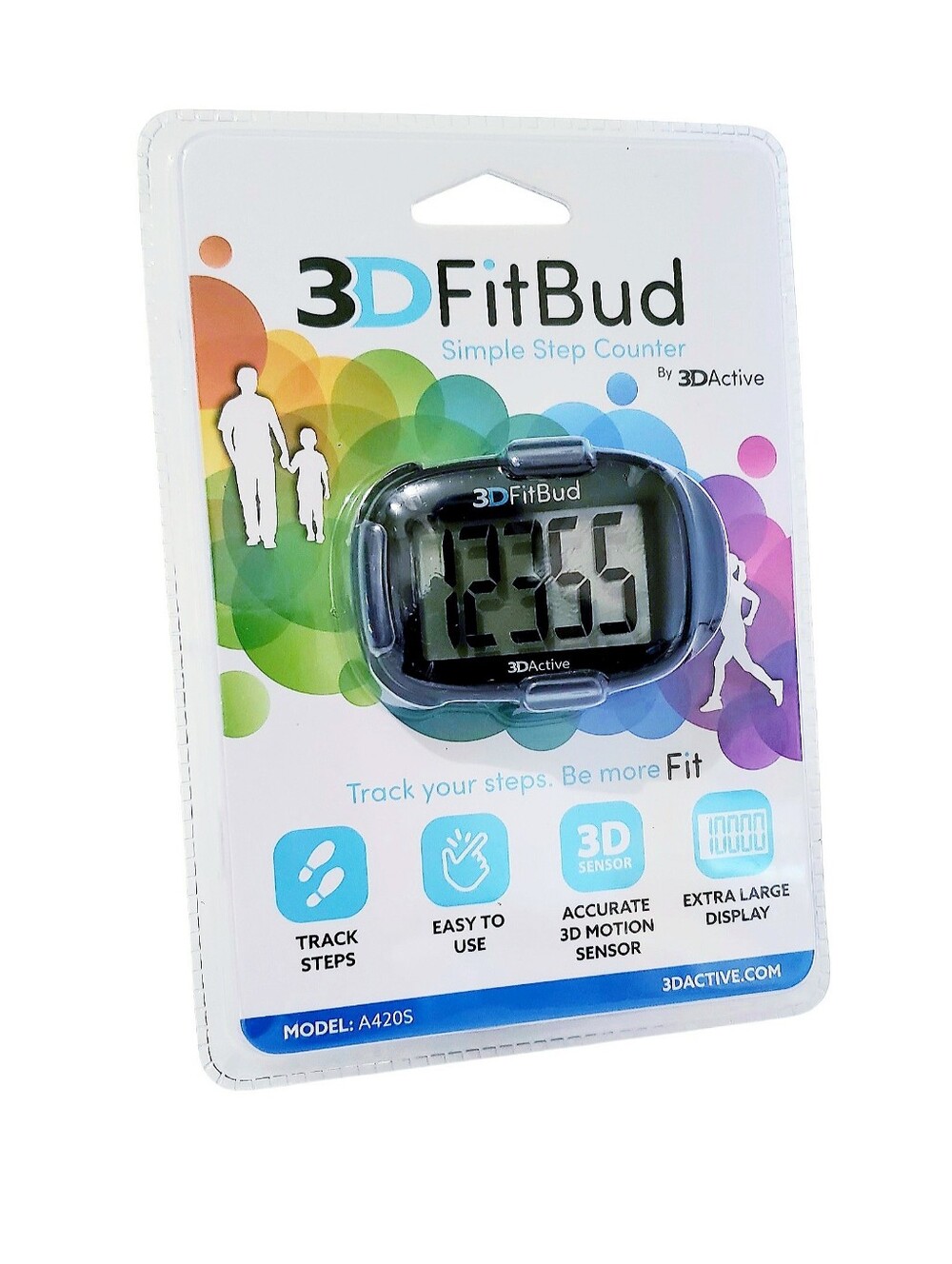 3DActive 3DFitBud Simple Step Counter Walking 3D Pedometer with Clip A420S Black